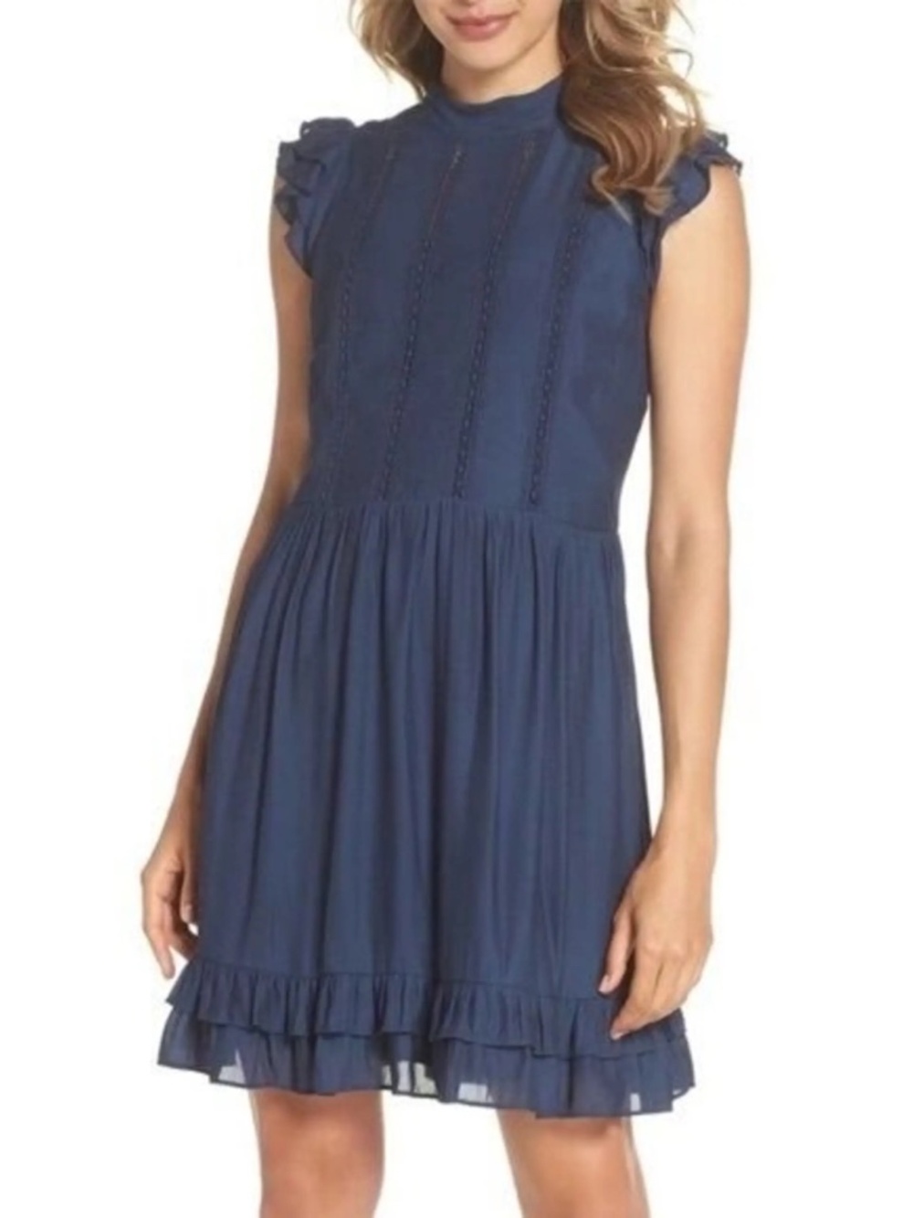 Chelsea 28 Navy Blue Embroidered Bodice Ruffle Sleeve A-Line Dress SZ L